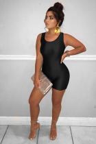 Black Sexy Fashion zipper Solid Backless Sleeveless Slip 
