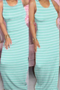 Light Blue Milk. Fashion Street White Yellow Light Blue purple Tank Sleeveless O neck Pencil Dress Floor-Length Striped Dresses
