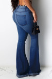 Dark Blue Sexy Solid Ripped High Waist Boot Cut Denim