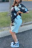 Multicolor Fashion Casual Print Basic O Neck Short Sleeve Two Pieces