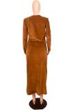 Black adult Casual Fashion Two Piece Suits Solid A-line skirt Long Sleeve Two-Piece Dress