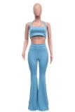 Blue Sexy Fashion adult Bandage backless Solid Two Piece Suits Boot Cut Sleeveless Two-piece P