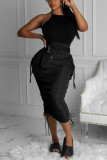 Black Sweet Solid Bandage Pocket Skinny Bottoms