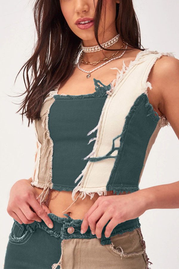 Green Sexy Patchwork Patchwork U Neck Tops