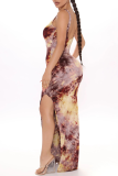 Blue Sexy Print High Opening Spaghetti Strap Irregular Dress Dresses