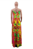Colour Fashion Sexy Print Backless Spaghetti Strap Long Dress