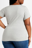 Gray Blue Fashion Casual Print Basic O Neck Plus Size Tops
