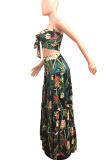 Green Casual Print Patchwork Strapless Sleeveless Two Pieces