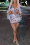 Multicolor Fashion Sexy Print Strap Design V Neck Long Sleeve Two Pieces