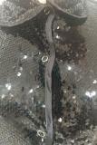 Black Notched Sequin Patchwork Solid Pure Long Sleeve Blazer & Suits &Jacket