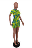 Fluorescent Green Fashion Casual Print Basic Half A Turtleneck Skinny Romper
