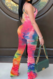 rose red Fashion Sexy Print Patchwork Tie-dyed Draped Sleeveless Slip Jumpsuits