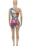 Purple Street Geometric Print Patchwork Oblique Collar Sleeveless Two Pieces