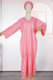 Pink Casual Solid Color Lace Zipper V Neck Long Plus Size Dresses