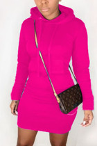 rose red Street Cap Sleeve Long Sleeves Hooded Step Skirt Knee-Length Solid