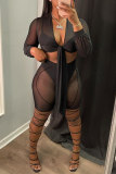 White Fashion Sexy Patchwork Bandage See-through V Neck Long Sleeve Two Pieces