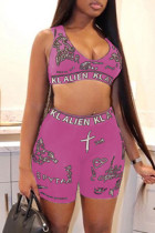 Pink Fashion Casual Print Basic V Neck Sleeveless Two Pieces