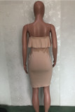 Beige Fashion Sexy Solid Backless Slit Spaghetti Strap Sleeveless Dress