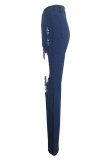 Dark Blue Denim Button Fly Sleeveless High Hole Patchwork Solid pencil Pants Pants