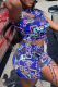 Blue Casual Print Draw String Turtleneck Short Sleeve Two Pieces