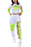 Green Fashion Casual Adult Print Patchwork O Neck Long Sleeve Regular Sleeve Short Two Pieces
