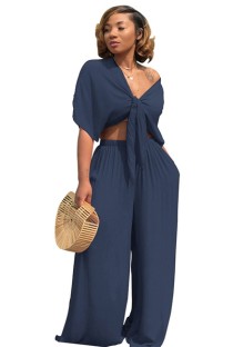 Dark Blue Plain High Waist Elastic Waist bandage Two-piece suit