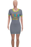 Green Casual Red Green Short Sleeves O neck Step Skirt Mini Striped Print Dresses