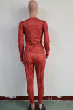 Red Casual Print Two Piece Suits pencil Long Sleeve