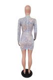 Blue Street Print Mandarin Collar Wrapped Skirt Dresses