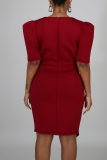 Red Casual Solid Patchwork V Neck Irregular Dress Dresses