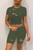 Black Fashion Casual Solid Ripped O Neck Short Sleeve Two Pieces
