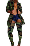 Green Notched Patchwork Camouflage Print Button Acetyl fiber Print Long Sleeve 