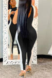 Black Fashion Casual Patchwork Basic O Neck Regular Jumpsuits