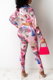Red Fashion Casual Print Basic Turndown Collar Long Sleeve Two Pieces