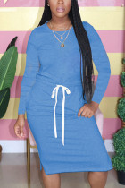 Light Blue Fashion Casual Adult Solid Patchwork Draw String O Neck Long Sleeve Knee Length T-shirt Dress Dresses