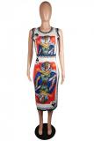 White Fashion Sexy Cap Sleeve Sleeveless O neck Straight Animal asymmetrical Casual Dresses