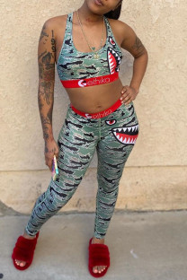 Grey Fashion Sexy Printed Vest Trousers Set