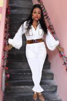 White Fashion Light Print Solid Patchwork Long Sleeve Turndown Collar 
