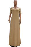Black Fashion Casual Red Black Khaki Yellow Sky Blue Lake Blue Cap Sleeve Short Sleeves V Neck Swagger Floor-Length Solid Dresses