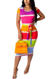 Multi-color Fashion adult OL Multi-color Cap Sleeve Short Sleeves O neck Step Skirt Knee-Length Striped Print Patchwork bandage backless hollow out Dresses
