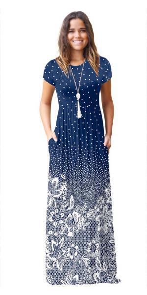 As Show-1 Brief Cute O-Neck Short Sleeve Loose Long Print Dresses