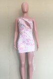 Pink Sexy Print Hollowed Out Backless One Shoulder Sleeveless Dress
