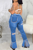 Blue Casual Patchwork Ripped Mid Waist Boot Cut Denim Jeans