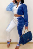 Blue Casual Print Patchwork Zipper Collar Long Sleeve Two Pieces
