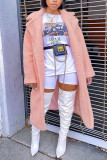 Pink Casual Solid Turndown Collar Outerwear