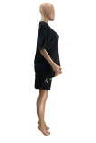 Black Casual Print Patchwork O Neck Plus Size Two Pieces