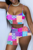 Yellow Sexy Print Patchwork Spaghetti Strap Sleeveless Two Pieces