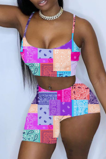 Tangerine Red Sexy Print Patchwork Spaghetti Strap Sleeveless Two Pieces