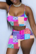 Tangerine Red Sexy Print Patchwork Spaghetti Strap Sleeveless Two Pieces