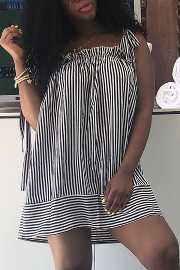 Black White Sexy Casual Striped Print Basic Square Collar Vest Dress